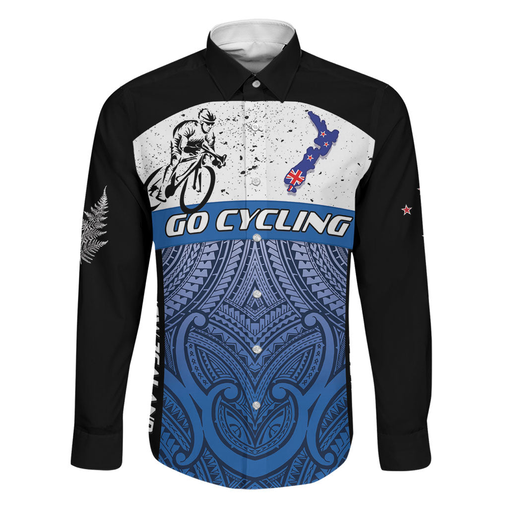 Personalised Cycling New Zealand Family Matching Mermaid Dress and Hawaiian Shirt Aotearoa Map Fern Maori Pattern LT22 Dad's Shirt - Long Sleeve Blue - Polynesian Pride