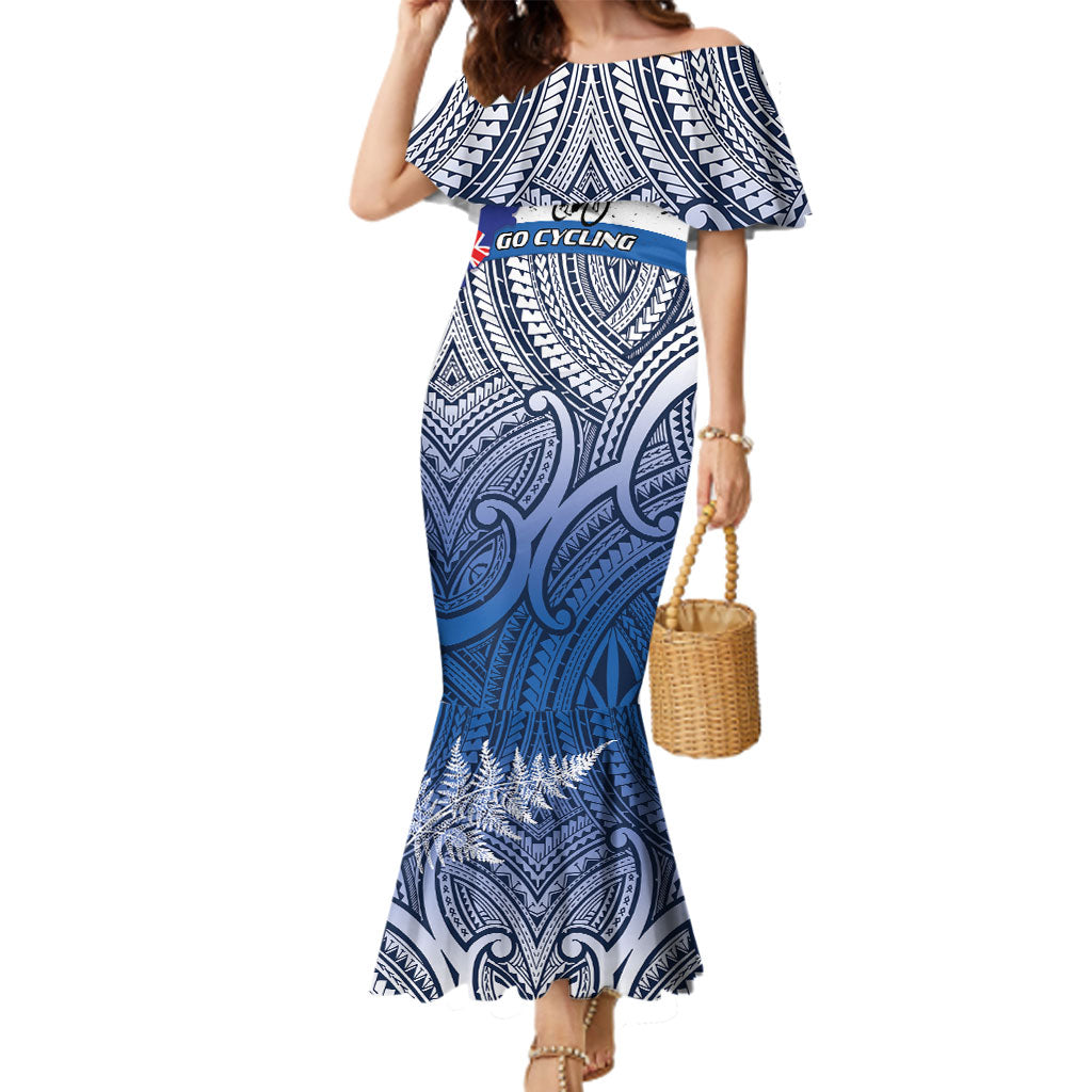 Personalised Cycling New Zealand Family Matching Mermaid Dress and Hawaiian Shirt Aotearoa Map Fern Maori Pattern LT22 Mom's Dress Blue - Polynesian Pride