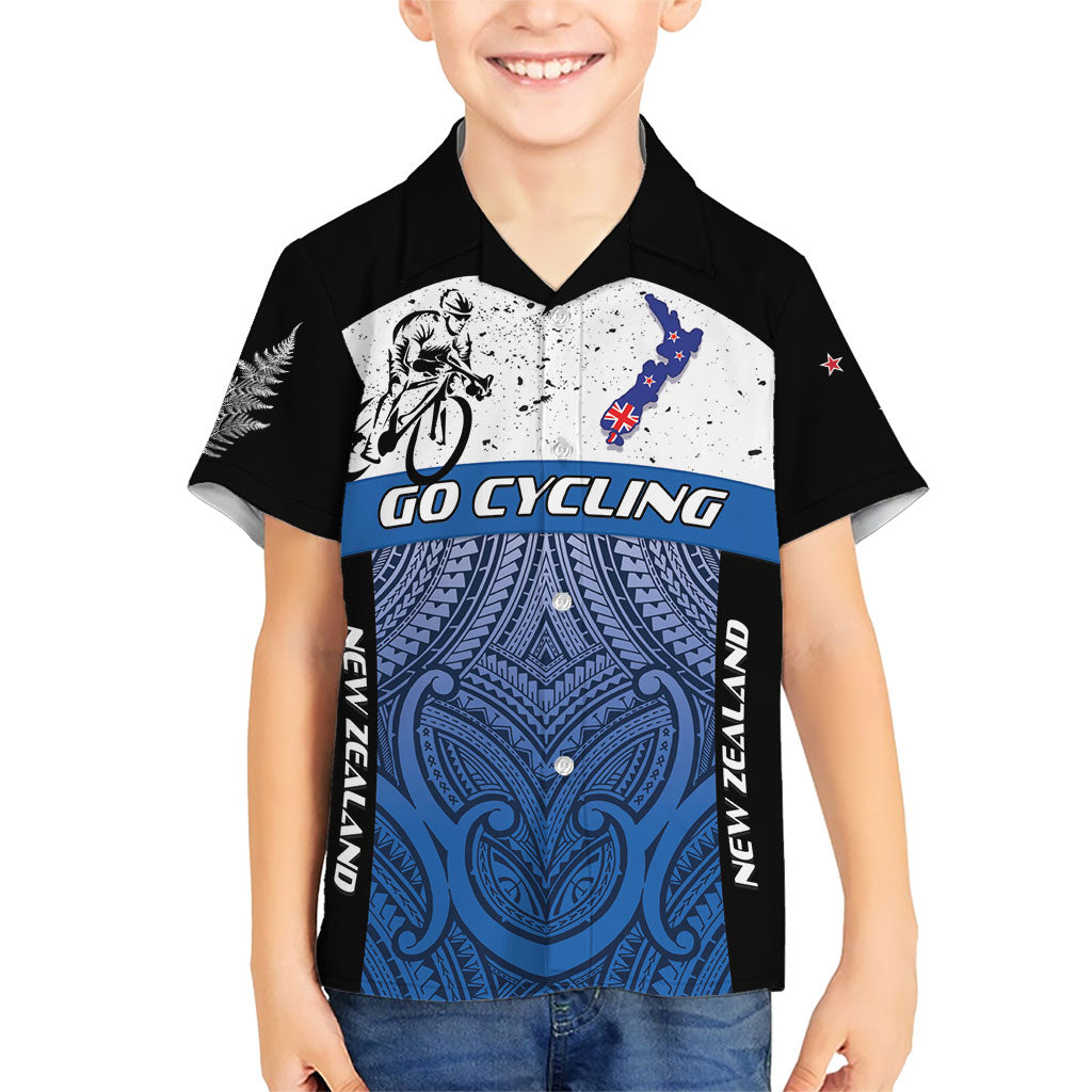 Personalised Cycling New Zealand Family Matching Mermaid Dress and Hawaiian Shirt Aotearoa Map Fern Maori Pattern LT22 Son's Shirt Blue - Polynesian Pride