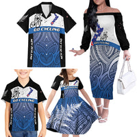 Personalised Cycling New Zealand Family Matching Off The Shoulder Long Sleeve Dress and Hawaiian Shirt Aotearoa Map Fern Maori Pattern