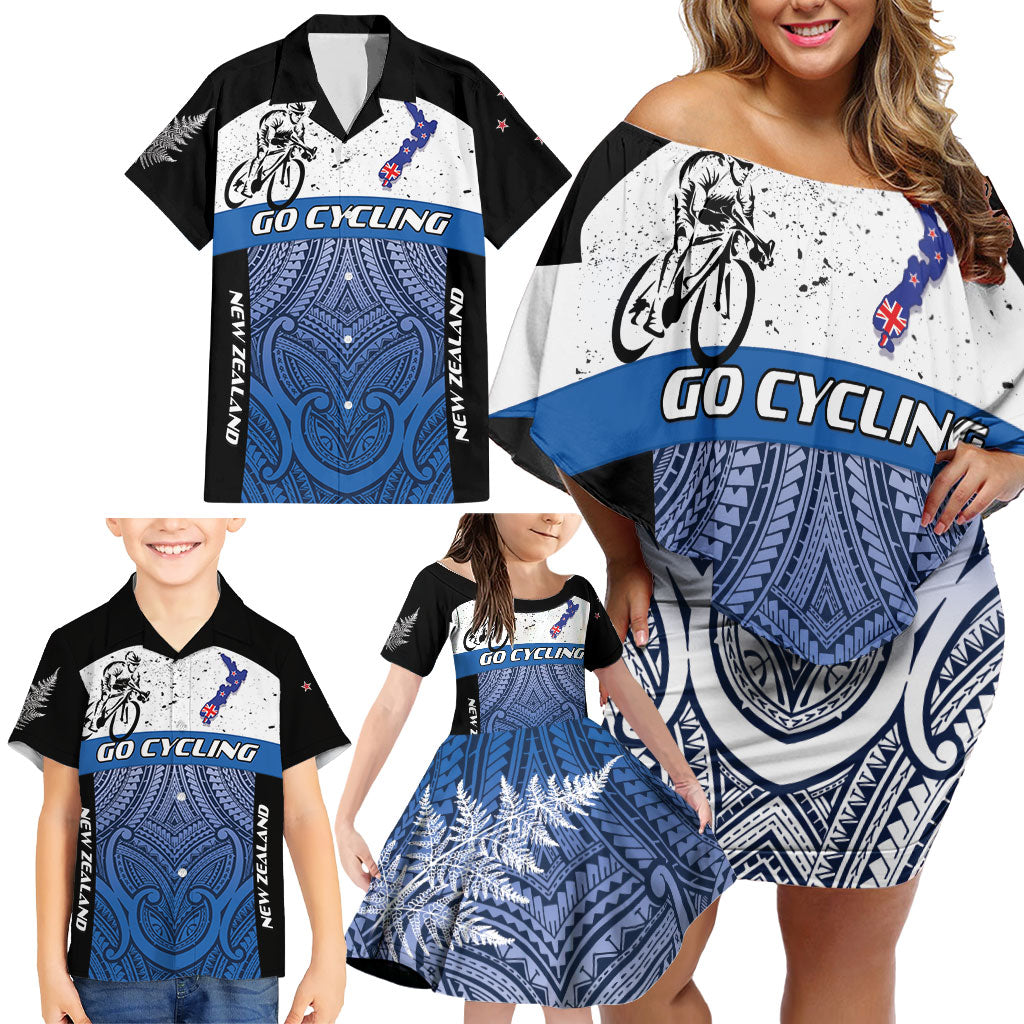 Personalised Cycling New Zealand Family Matching Off Shoulder Short Dress and Hawaiian Shirt Aotearoa Map Fern Maori Pattern