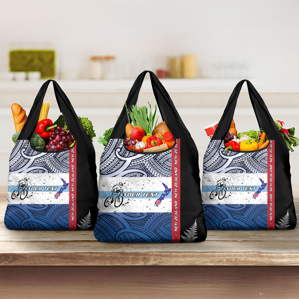 Personalised Cycling New Zealand Grocery Bag Aotearoa Map Fern Maori Pattern