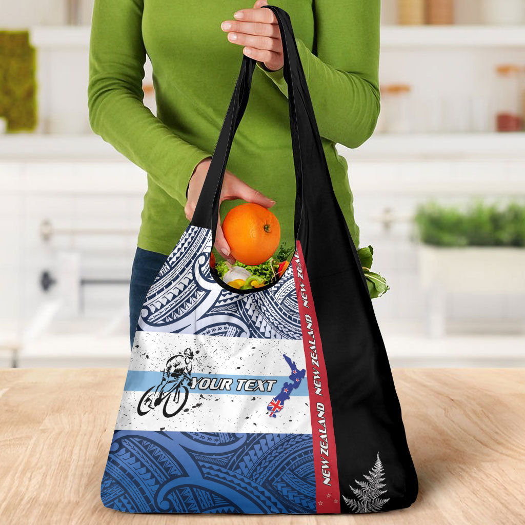 Personalised Cycling New Zealand Grocery Bag Aotearoa Map Fern Maori Pattern