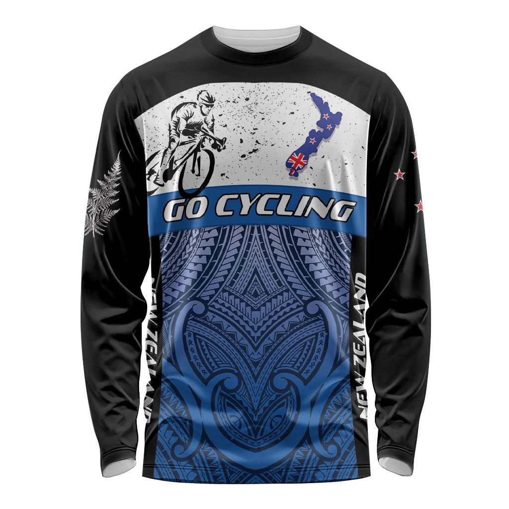 Personalised Cycling New Zealand Long Sleeve Shirt Aotearoa Map Fern Maori Pattern