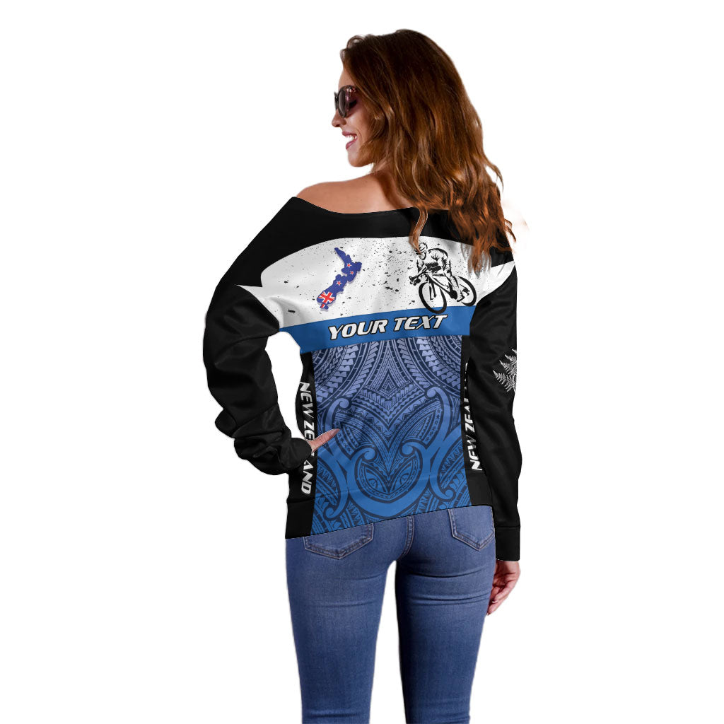 Personalised Cycling New Zealand Off Shoulder Sweater Aotearoa Map Fern Maori Pattern