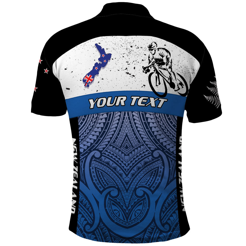 Personalised Cycling New Zealand Polo Shirt Aotearoa Map Fern Maori Pattern