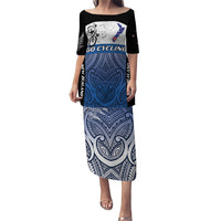 Personalised Cycling New Zealand Puletasi Aotearoa Map Fern Maori Pattern LT22 Long Dress Blue - Polynesian Pride