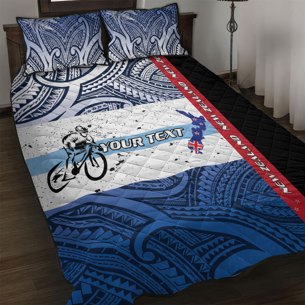 Personalised Cycling New Zealand Quilt Bed Set Aotearoa Map Fern Maori Pattern LT22 Blue - Polynesian Pride