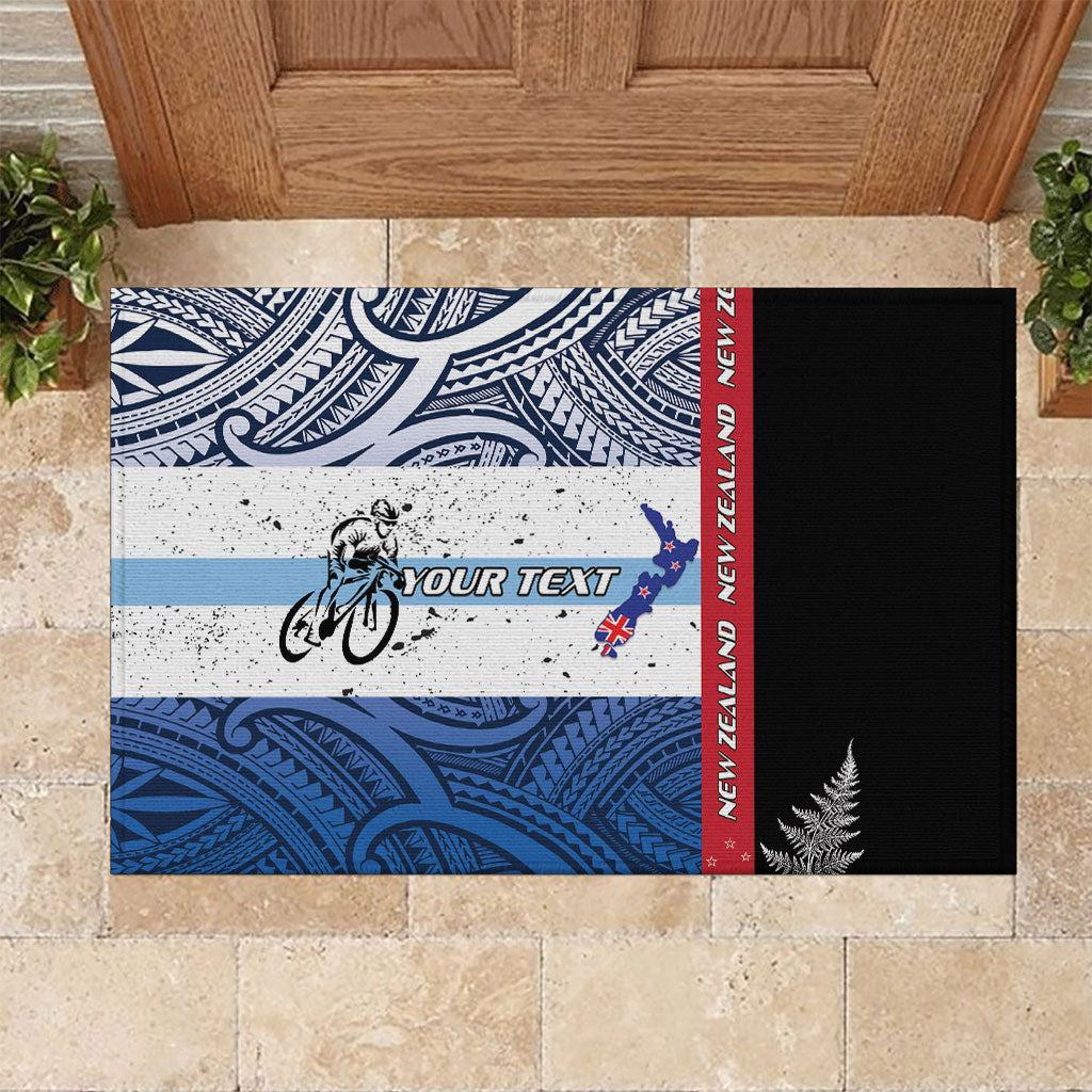 Personalised Cycling New Zealand Rubber Doormat Aotearoa Map Fern Maori Pattern LT22 Blue - Polynesian Pride