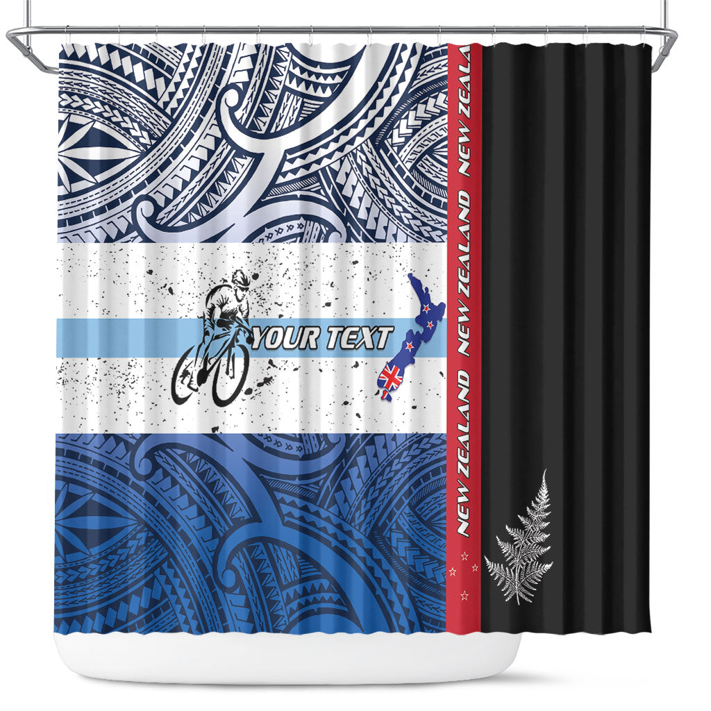 Personalised Cycling New Zealand Shower Curtain Aotearoa Map Fern Maori Pattern