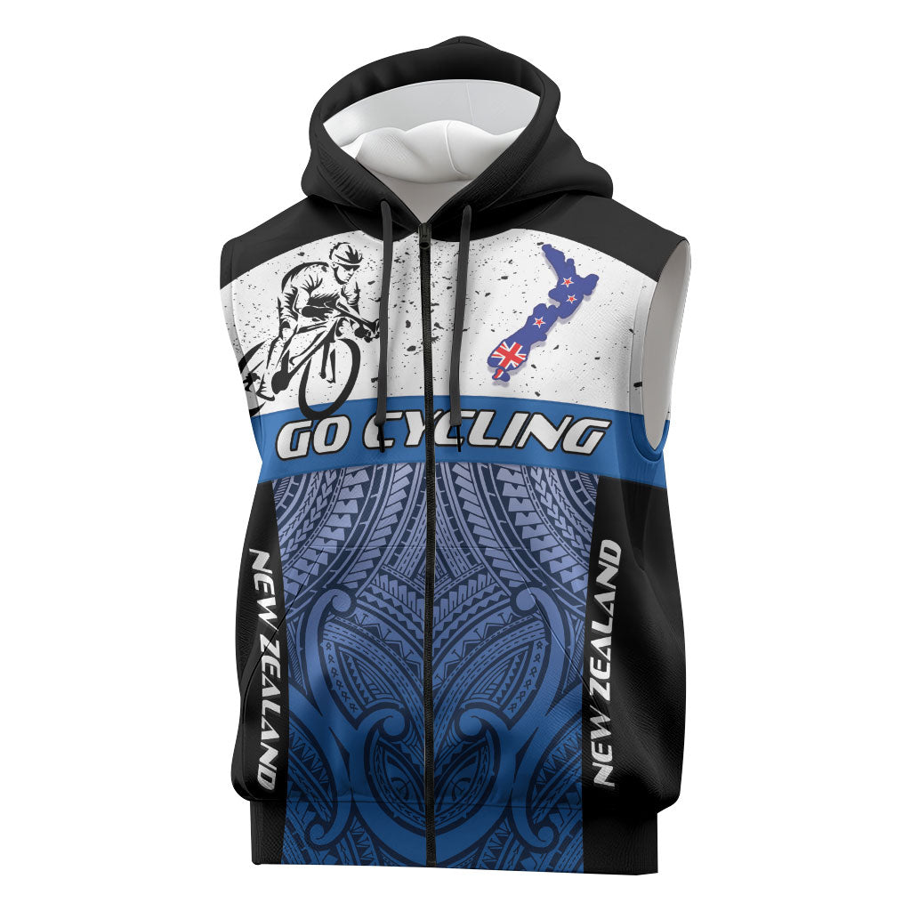Personalised Cycling New Zealand Sleeveless Zip Hoodie Aotearoa Map Fern Maori Pattern LT22 Blue - Polynesian Pride