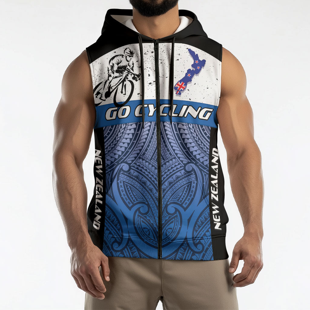 Personalised Cycling New Zealand Sleeveless Zip Hoodie Aotearoa Map Fern Maori Pattern LT22 - Polynesian Pride