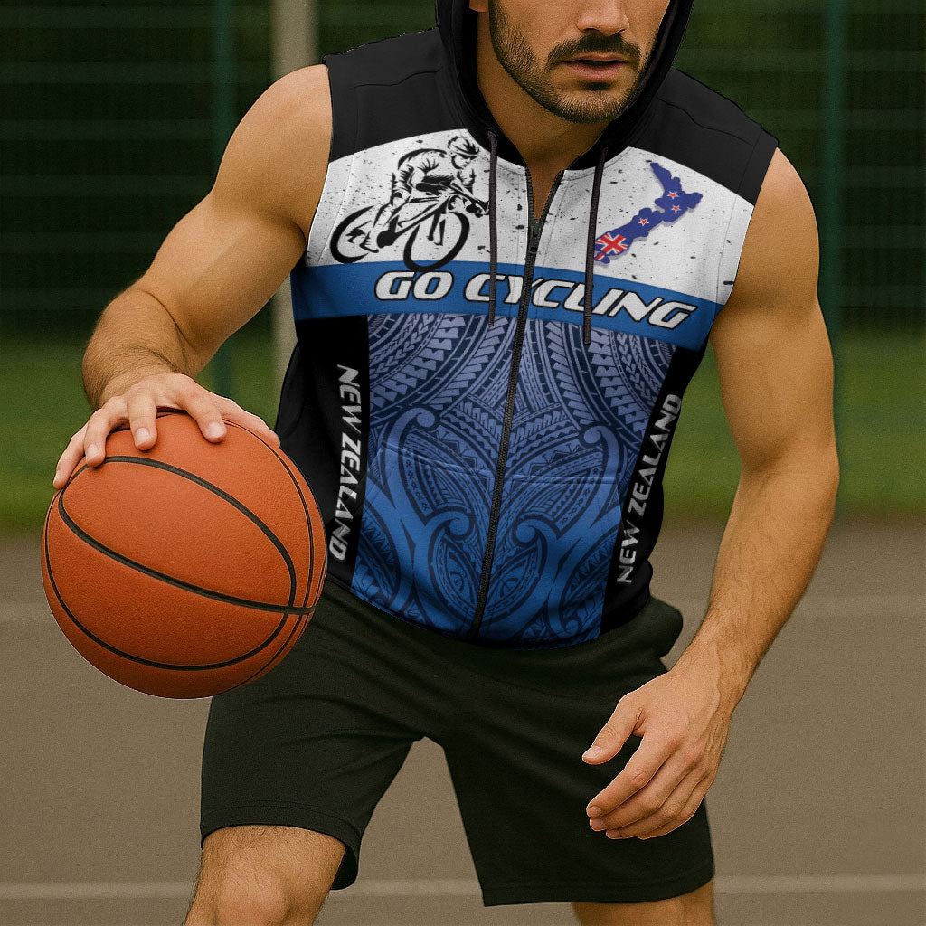 Personalised Cycling New Zealand Sleeveless Zip Hoodie Aotearoa Map Fern Maori Pattern LT22 - Polynesian Pride