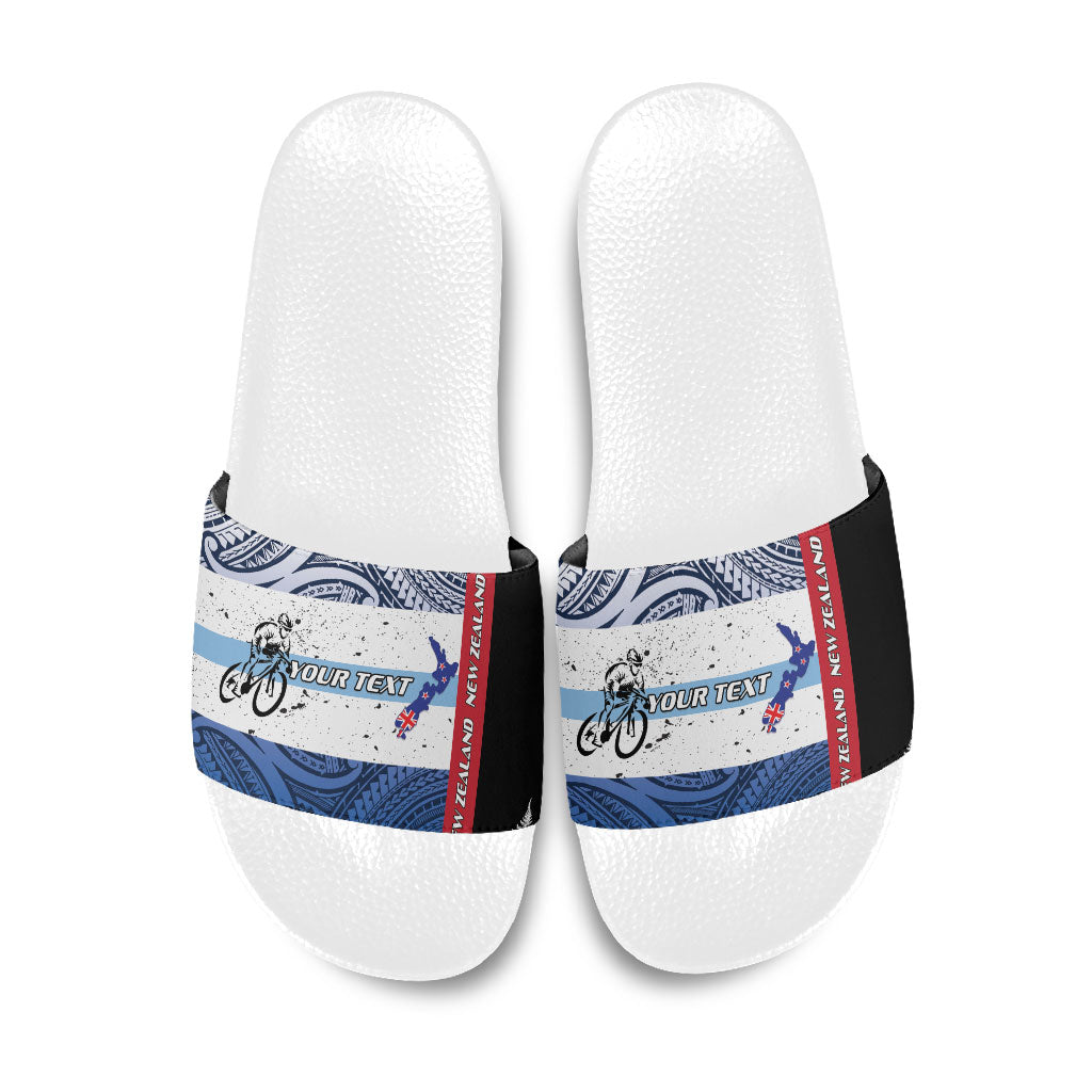 Personalised Cycling New Zealand Slide Sandals Aotearoa Map Fern Maori Pattern LT22 Blue - Polynesian Pride