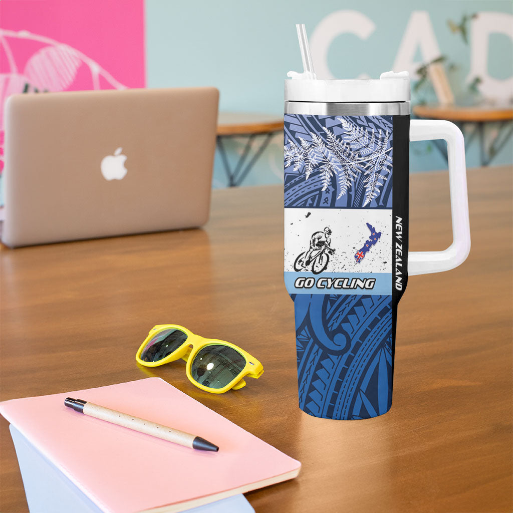 Personalised Cycling New Zealand Tumbler With Handle Aotearoa Map Fern Maori Pattern
