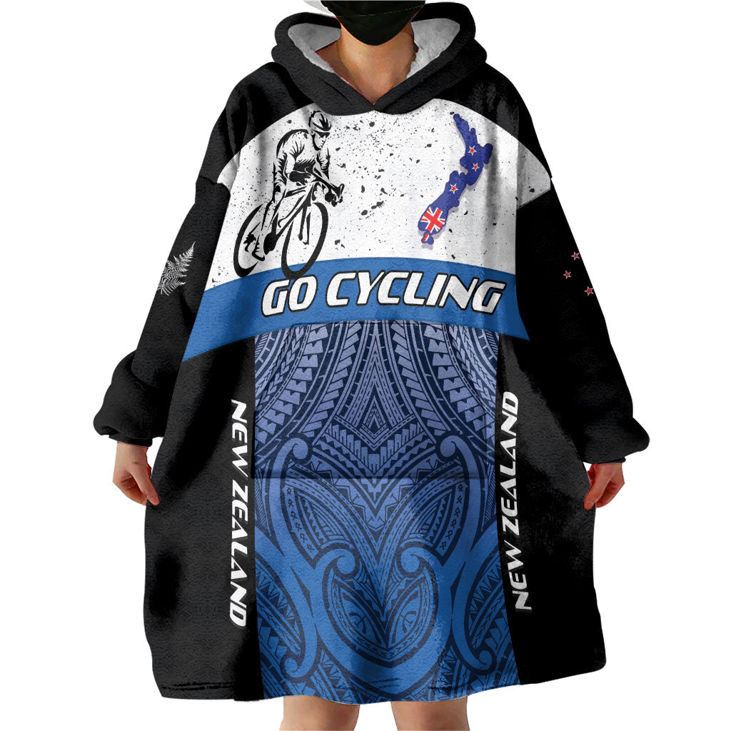 Personalised Cycling New Zealand Wearable Blanket Hoodie Aotearoa Map Fern Maori Pattern