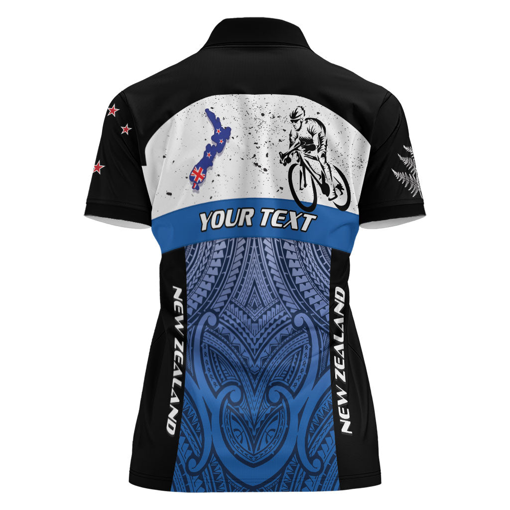 Personalised Cycling New Zealand Women Polo Shirt Aotearoa Map Fern Maori Pattern