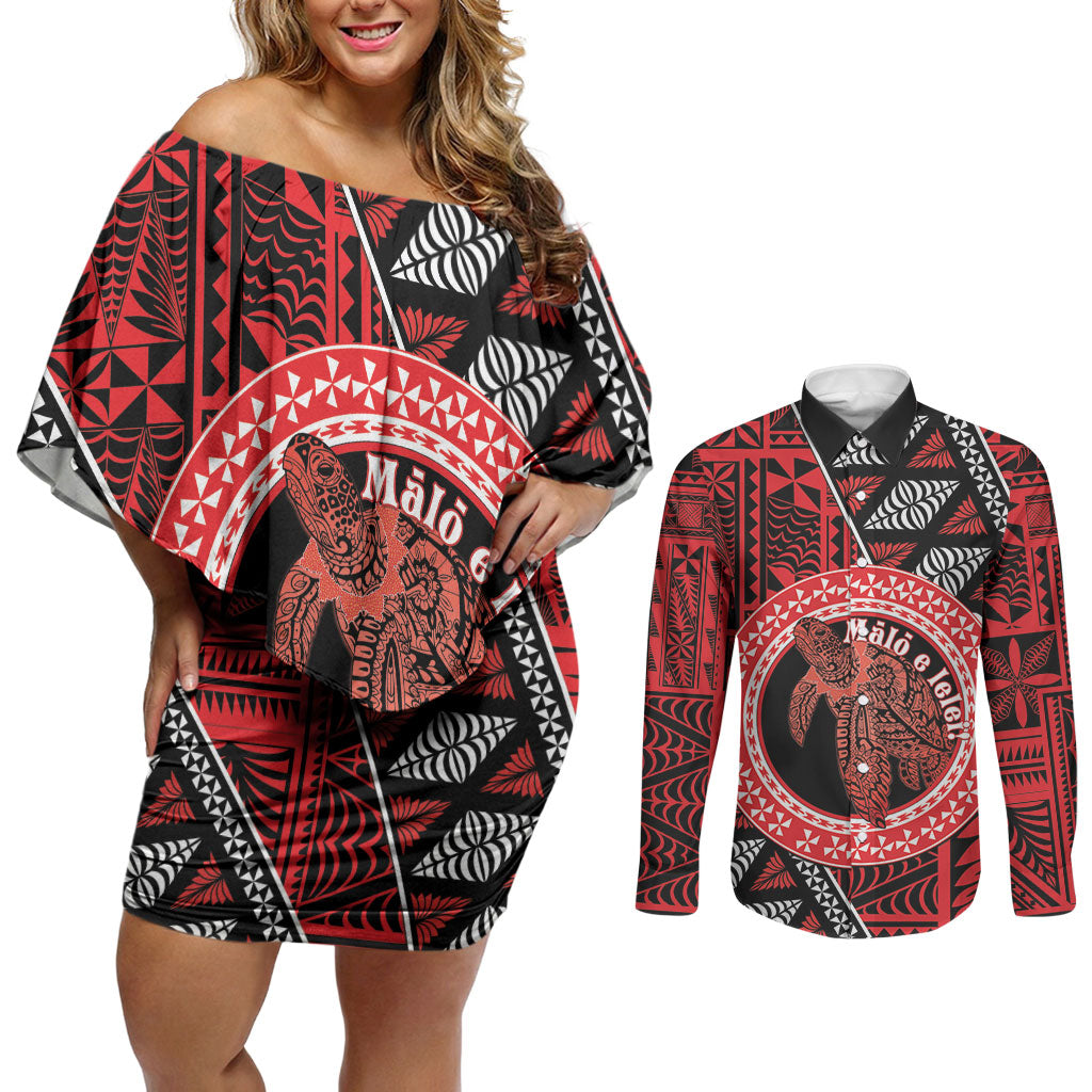 Personalised Tonga Language Week Couples Matching Off Shoulder Short Dress and Long Sleeve Button Shirt Heilala Turtle Malo E Lelei LT22 Red - Polynesian Pride
