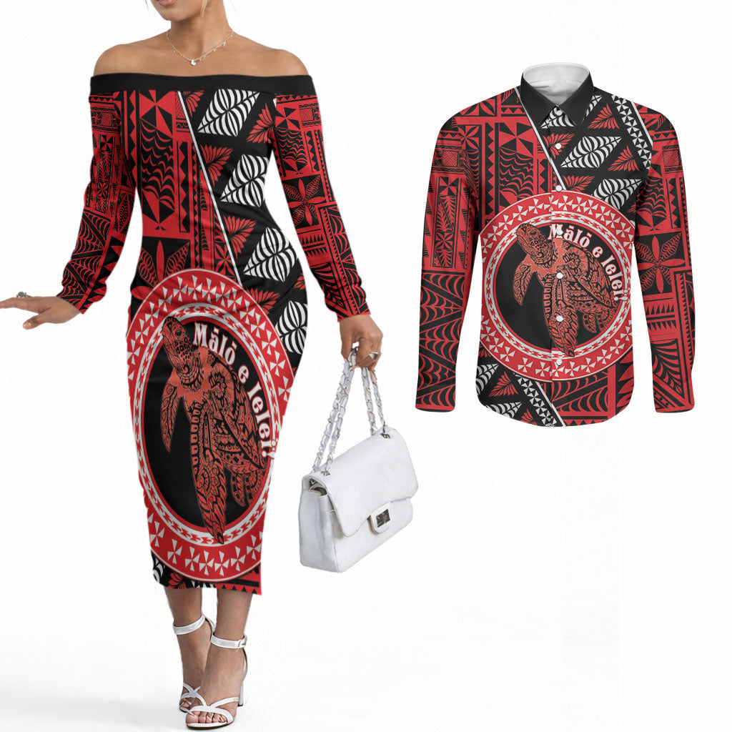 Personalised Tonga Language Week Couples Matching Off The Shoulder Long Sleeve Dress and Long Sleeve Button Shirt Heilala Turtle Malo E Lelei