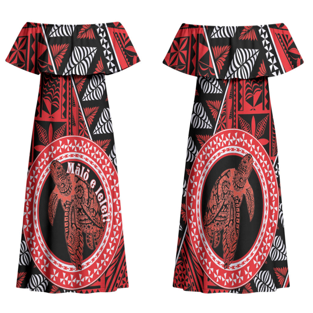 Personalised Tonga Language Week Family Matching Off Shoulder Maxi Dress and Hawaiian Shirt Heilala Turtle Malo E Lelei LT22 Mom's Dress Red - Polynesian Pride