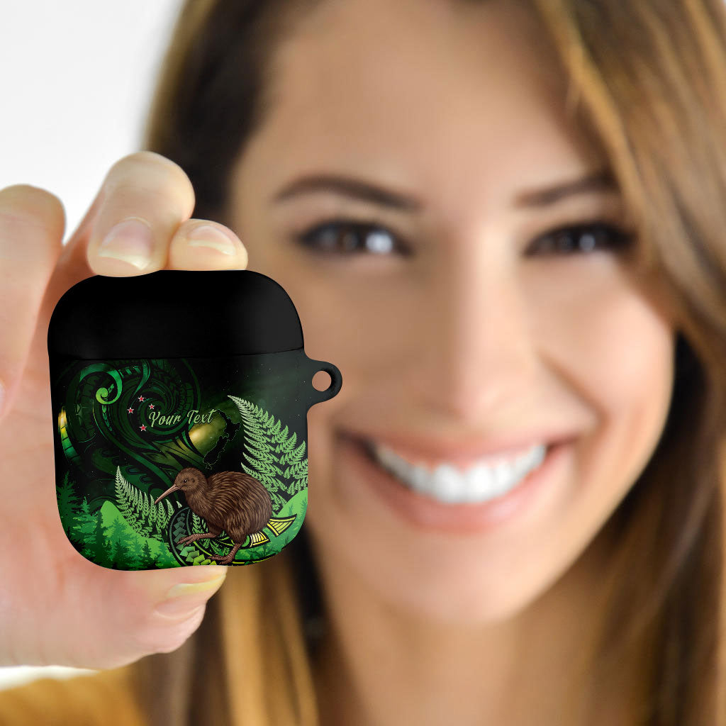Kiwi New Zealand Personalised AirPods Case Aotearoa Map Silver Fern Koru Pattern