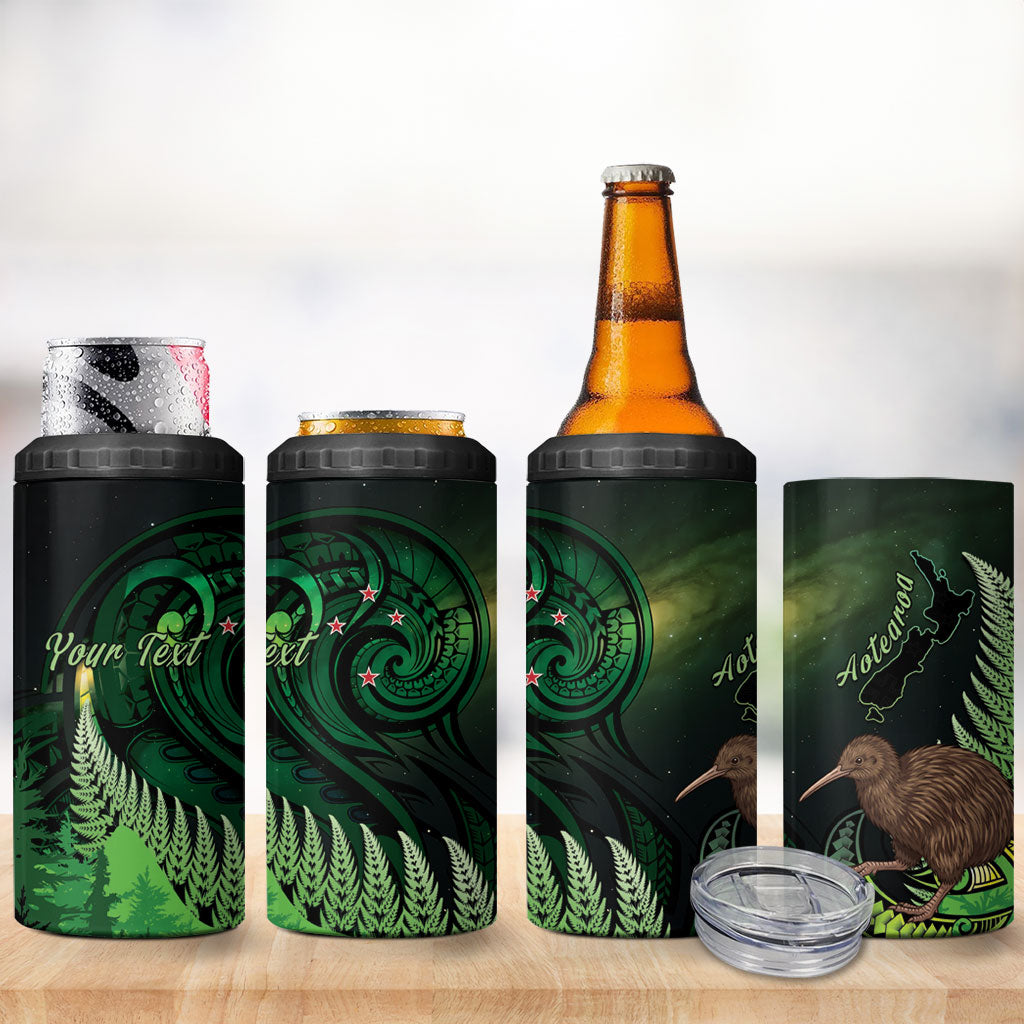 Kiwi New Zealand Personalised 4 in 1 Can Cooler Tumbler Aotearoa Map Silver Fern Koru Pattern