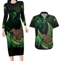 Kiwi New Zealand Personalised Couples Matching Long Sleeve Bodycon Dress and Hawaiian Shirt Aotearoa Map Silver Fern Koru Pattern
