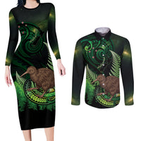 Kiwi New Zealand Personalised Couples Matching Long Sleeve Bodycon Dress and Long Sleeve Button Shirt Aotearoa Map Silver Fern Koru Pattern