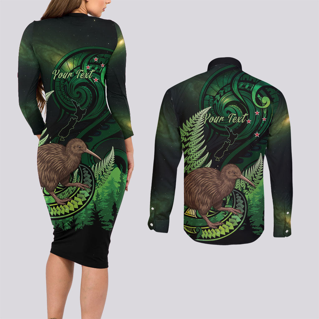 Kiwi New Zealand Personalised Couples Matching Long Sleeve Bodycon Dress and Long Sleeve Button Shirt Aotearoa Map Silver Fern Koru Pattern
