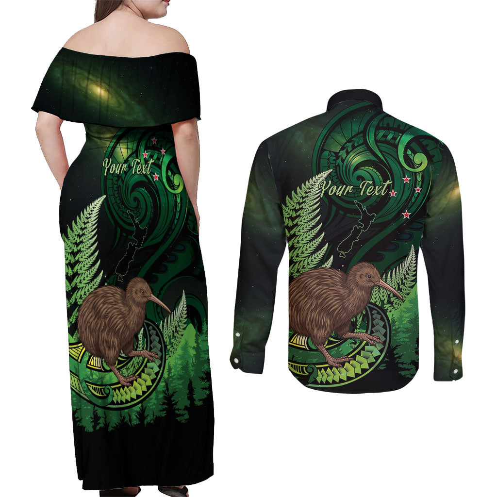 Kiwi New Zealand Personalised Couples Matching Off Shoulder Maxi Dress and Long Sleeve Button Shirt Aotearoa Map Silver Fern Koru Pattern