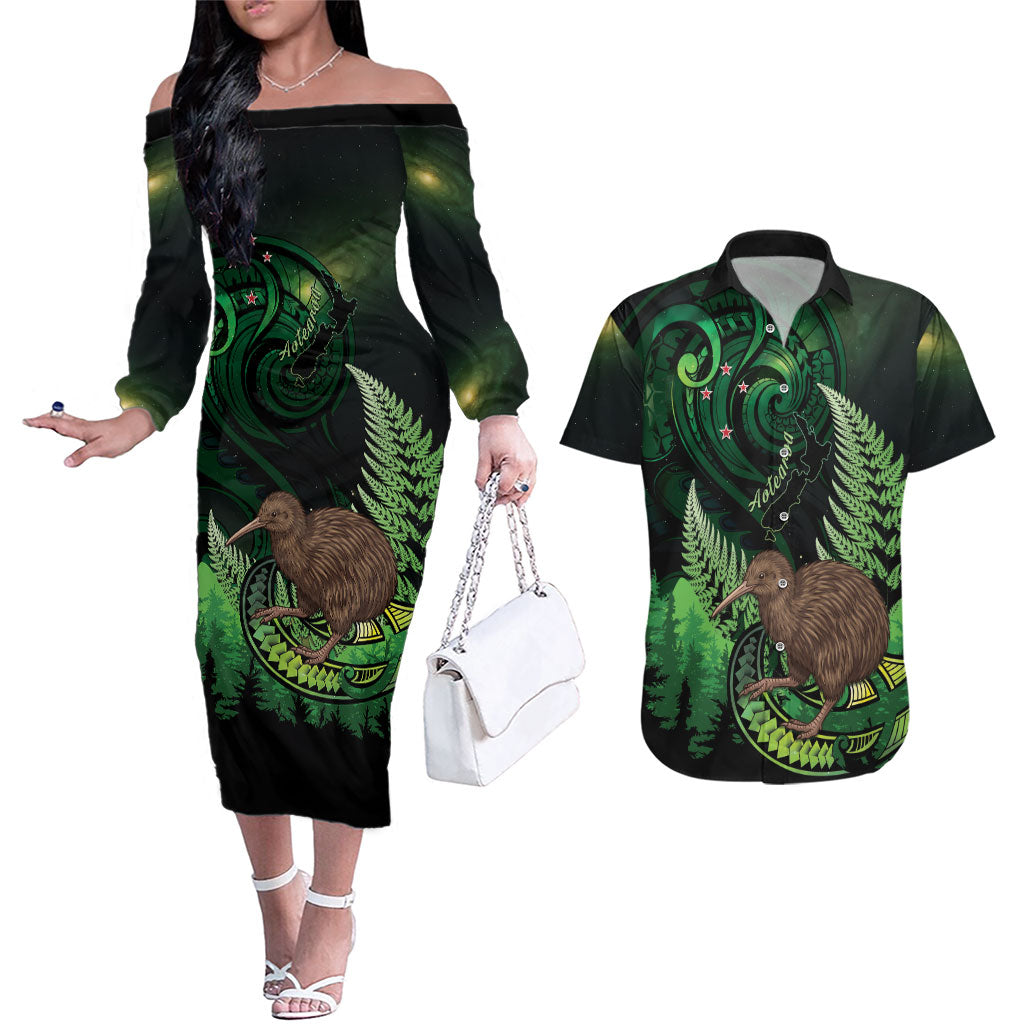 Kiwi New Zealand Personalised Couples Matching Off The Shoulder Long Sleeve Dress and Hawaiian Shirt Aotearoa Map Silver Fern Koru Pattern