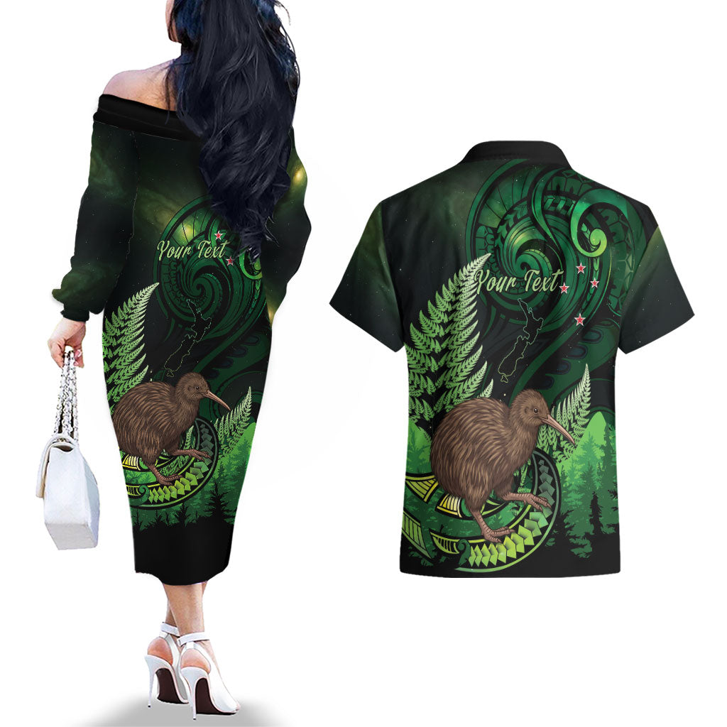 Kiwi New Zealand Personalised Couples Matching Off The Shoulder Long Sleeve Dress and Hawaiian Shirt Aotearoa Map Silver Fern Koru Pattern