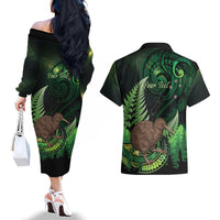 Kiwi New Zealand Personalised Couples Matching Off The Shoulder Long Sleeve Dress and Hawaiian Shirt Aotearoa Map Silver Fern Koru Pattern