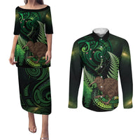 Kiwi New Zealand Personalised Couples Matching Puletasi and Long Sleeve Button Shirt Aotearoa Map Silver Fern Koru Pattern LT22 Green - Polynesian Pride