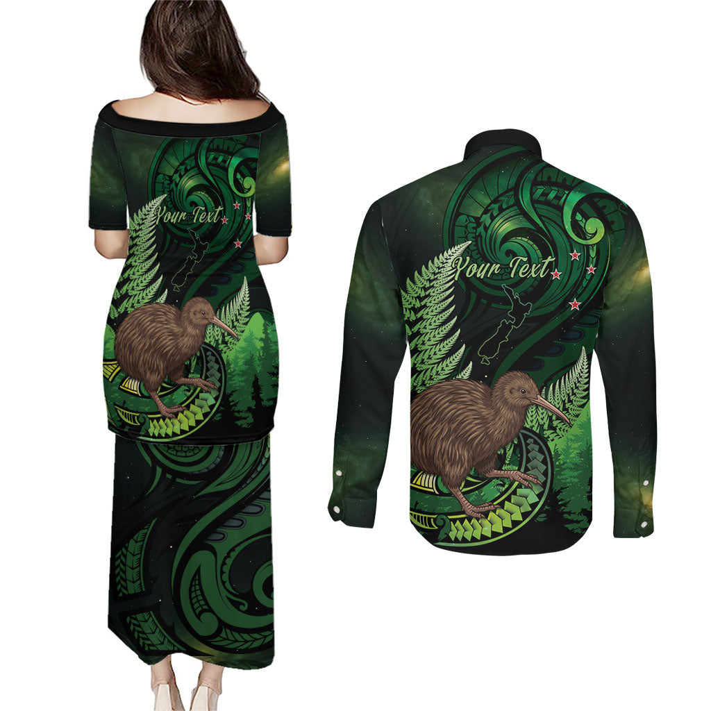 Kiwi New Zealand Personalised Couples Matching Puletasi and Long Sleeve Button Shirt Aotearoa Map Silver Fern Koru Pattern LT22 - Polynesian Pride