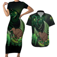 Kiwi New Zealand Personalised Couples Matching Short Sleeve Bodycon Dress and Hawaiian Shirt Aotearoa Map Silver Fern Koru Pattern