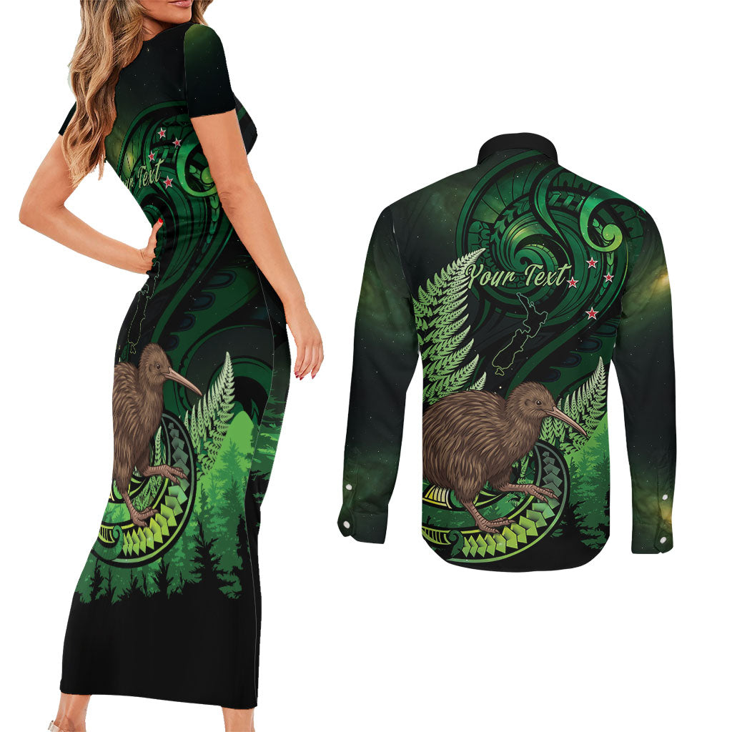 Kiwi New Zealand Personalised Couples Matching Short Sleeve Bodycon Dress and Long Sleeve Button Shirt Aotearoa Map Silver Fern Koru Pattern