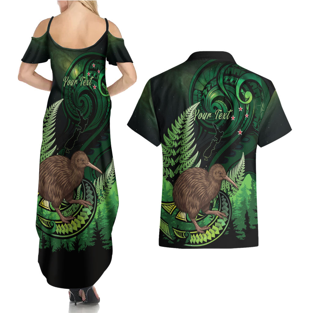 Kiwi New Zealand Personalised Couples Matching Summer Maxi Dress and Hawaiian Shirt Aotearoa Map Silver Fern Koru Pattern