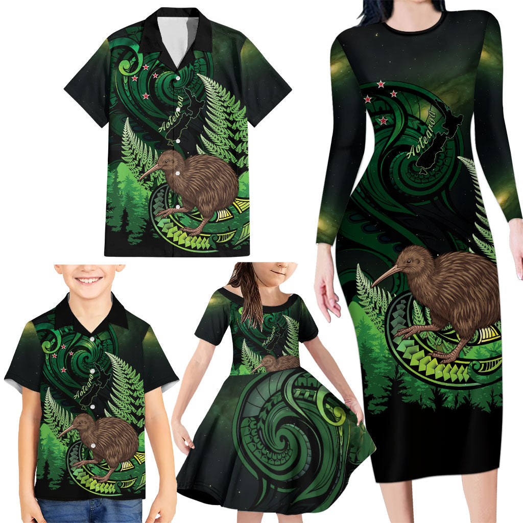 Kiwi New Zealand Personalised Family Matching Long Sleeve Bodycon Dress and Hawaiian Shirt Aotearoa Map Silver Fern Koru Pattern