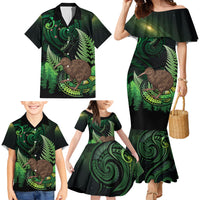 Kiwi New Zealand Personalised Family Matching Mermaid Dress and Hawaiian Shirt Aotearoa Map Silver Fern Koru Pattern
