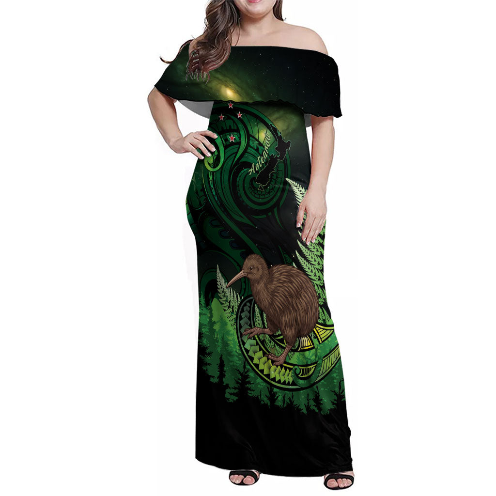 Kiwi New Zealand Personalised Family Matching Off Shoulder Maxi Dress and Hawaiian Shirt Aotearoa Map Silver Fern Koru Pattern