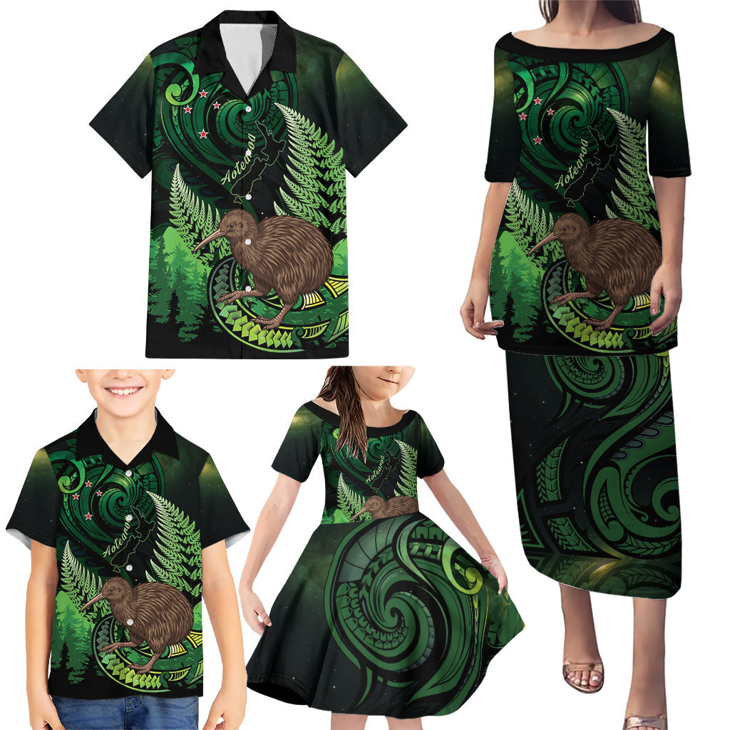 Kiwi New Zealand Personalised Family Matching Puletasi and Hawaiian Shirt Aotearoa Map Silver Fern Koru Pattern
