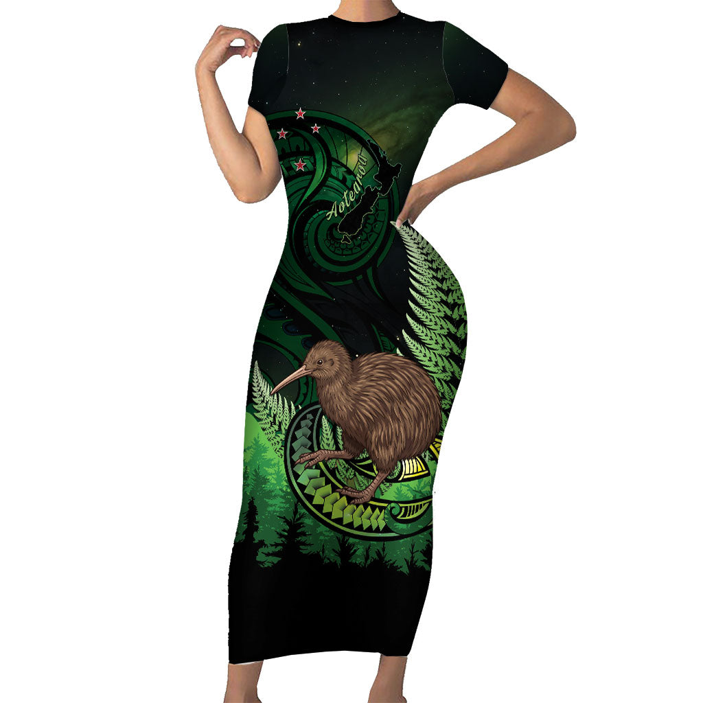 Kiwi New Zealand Personalised Family Matching Short Sleeve Bodycon Dress and Hawaiian Shirt Aotearoa Map Silver Fern Koru Pattern