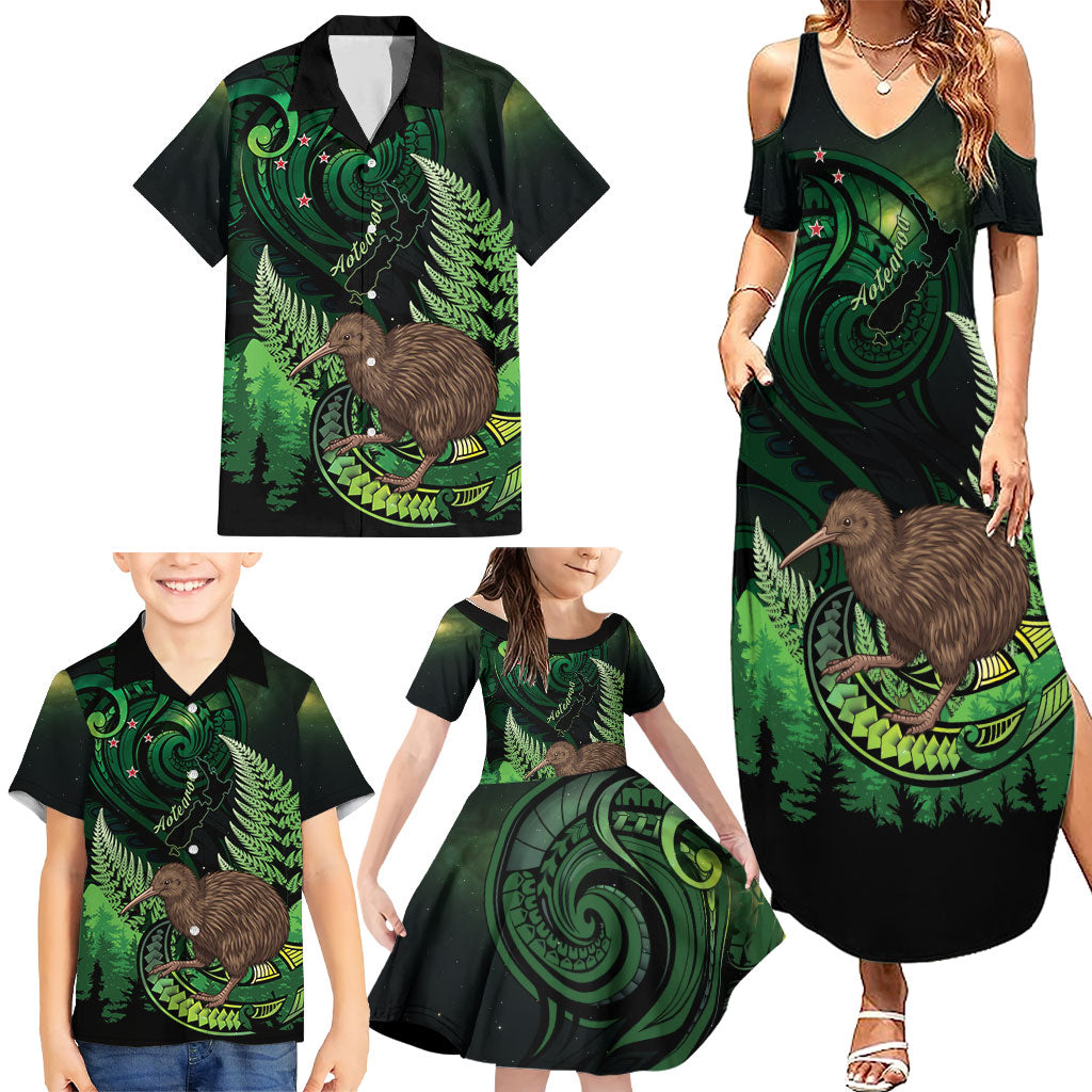 Kiwi New Zealand Personalised Family Matching Summer Maxi Dress and Hawaiian Shirt Aotearoa Map Silver Fern Koru Pattern