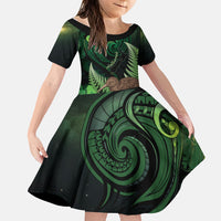 Kiwi New Zealand Personalised Family Matching Tank Maxi Dress and Hawaiian Shirt Aotearoa Map Silver Fern Koru Pattern LT22 Daughter's Dress Green - Polynesian Pride