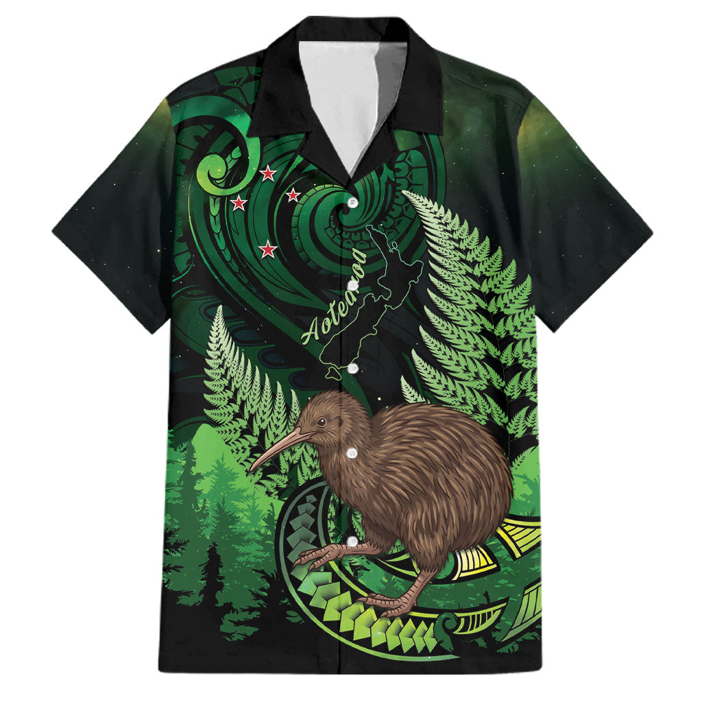 Kiwi New Zealand Personalised Family Matching Tank Maxi Dress and Hawaiian Shirt Aotearoa Map Silver Fern Koru Pattern LT22 Dad's Shirt - Short Sleeve Green - Polynesian Pride