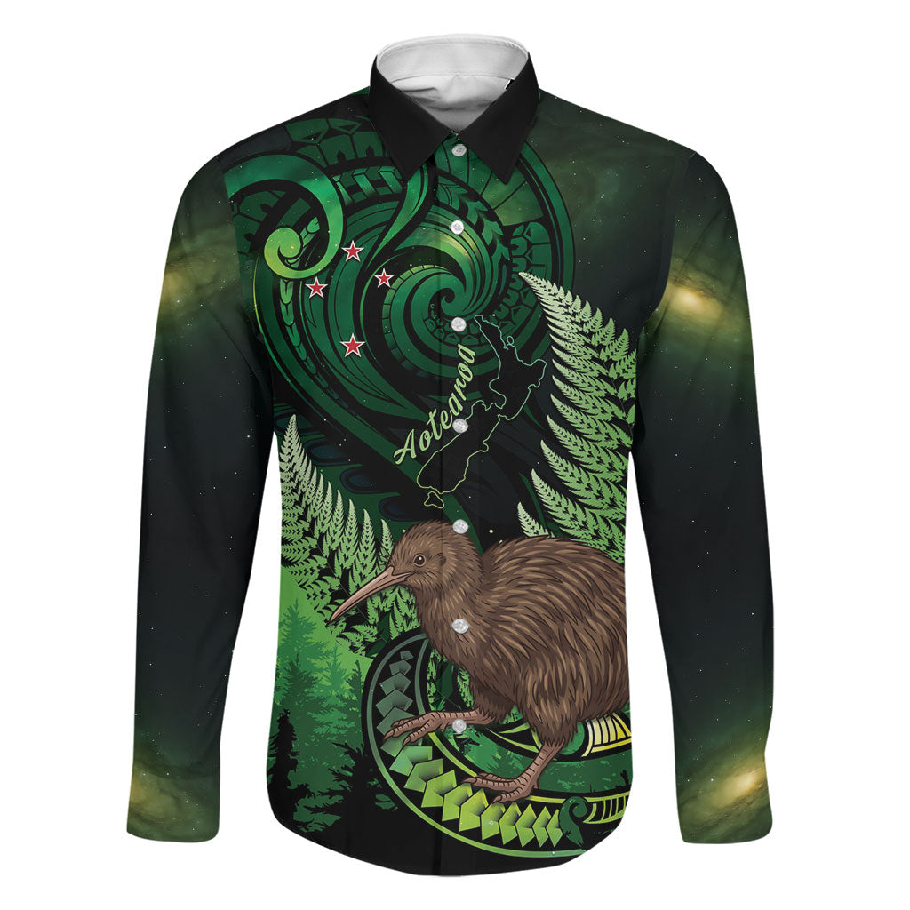 Kiwi New Zealand Personalised Family Matching Tank Maxi Dress and Hawaiian Shirt Aotearoa Map Silver Fern Koru Pattern LT22 Dad's Shirt - Long Sleeve Green - Polynesian Pride