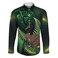 Kiwi New Zealand Personalised Family Matching Tank Maxi Dress and Hawaiian Shirt Aotearoa Map Silver Fern Koru Pattern LT22 Dad's Shirt - Long Sleeve Green - Polynesian Pride