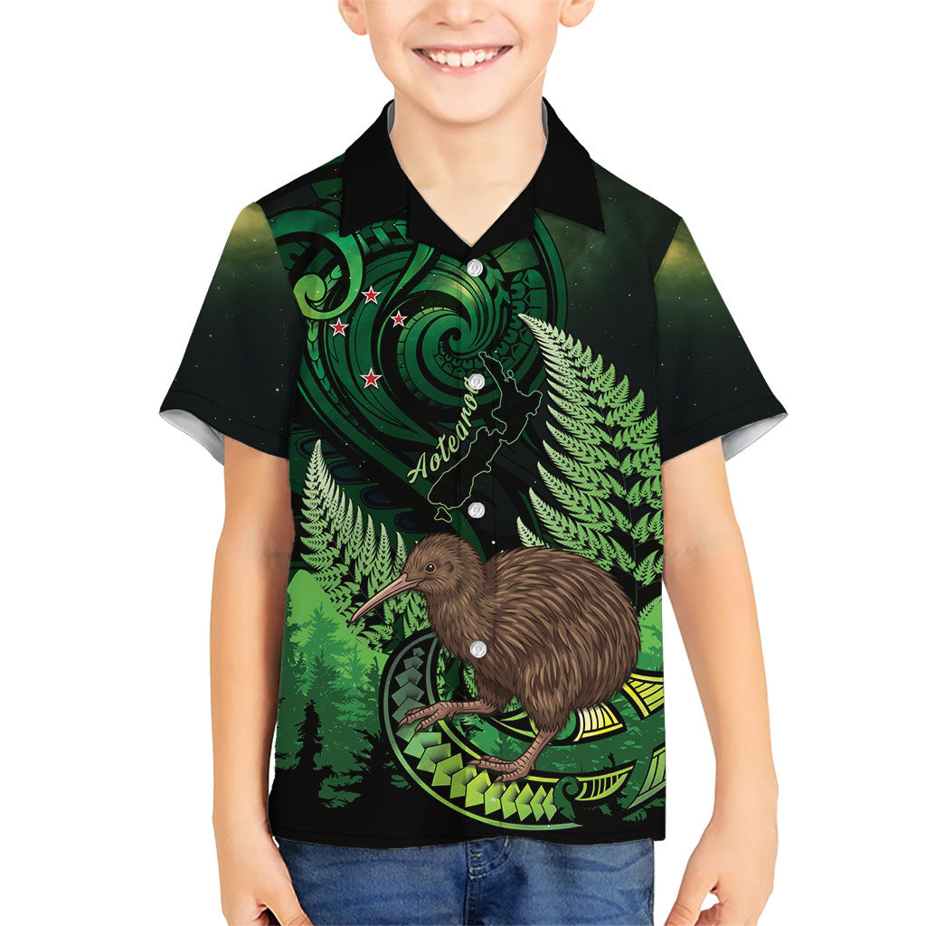 Kiwi New Zealand Personalised Family Matching Tank Maxi Dress and Hawaiian Shirt Aotearoa Map Silver Fern Koru Pattern LT22 Son's Shirt Green - Polynesian Pride