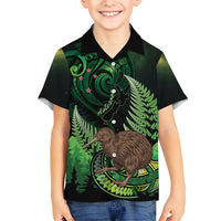 Kiwi New Zealand Personalised Family Matching Tank Maxi Dress and Hawaiian Shirt Aotearoa Map Silver Fern Koru Pattern LT22 Son's Shirt Green - Polynesian Pride